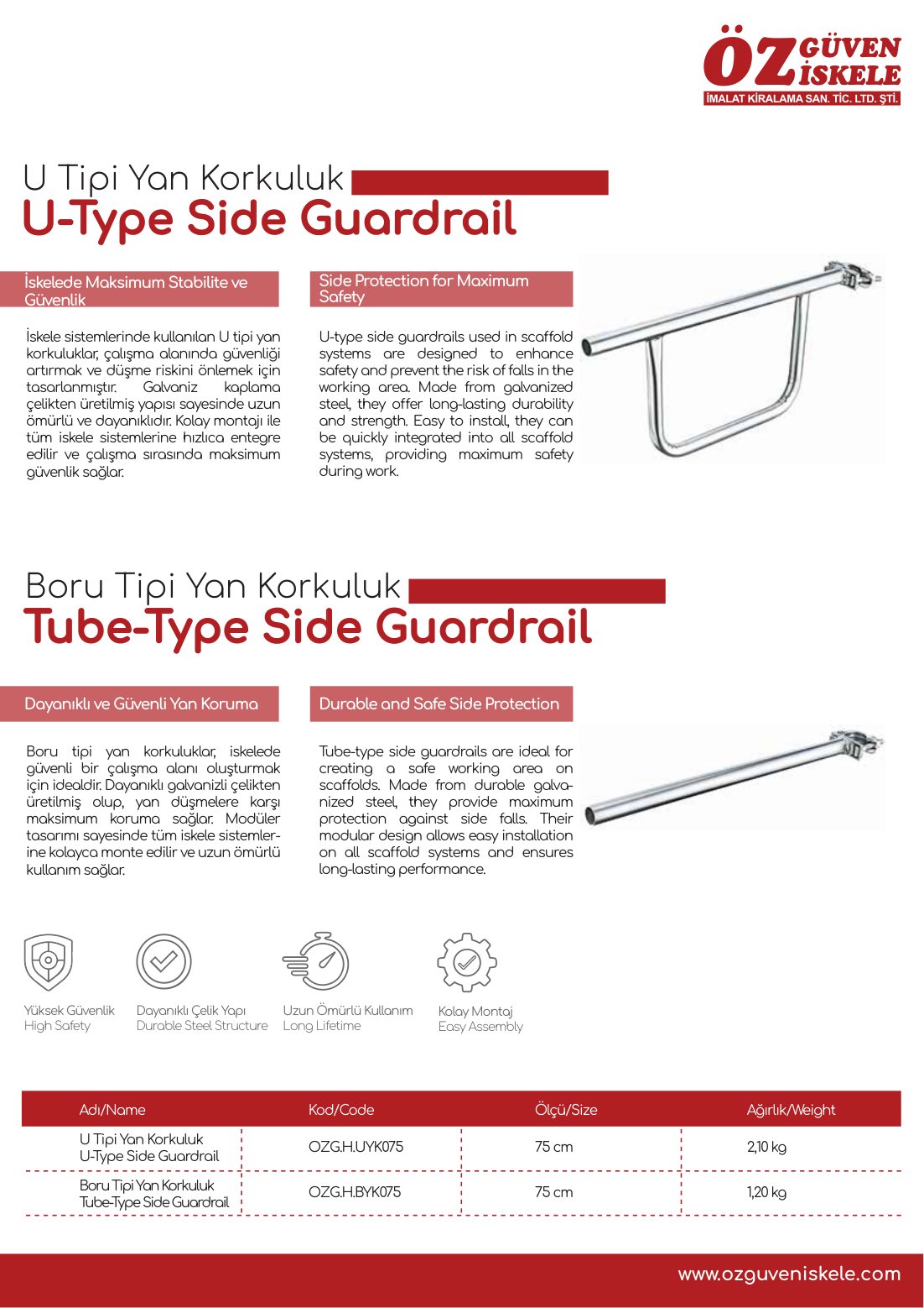 U Tipi Yan Korkuluk katalog sayfası